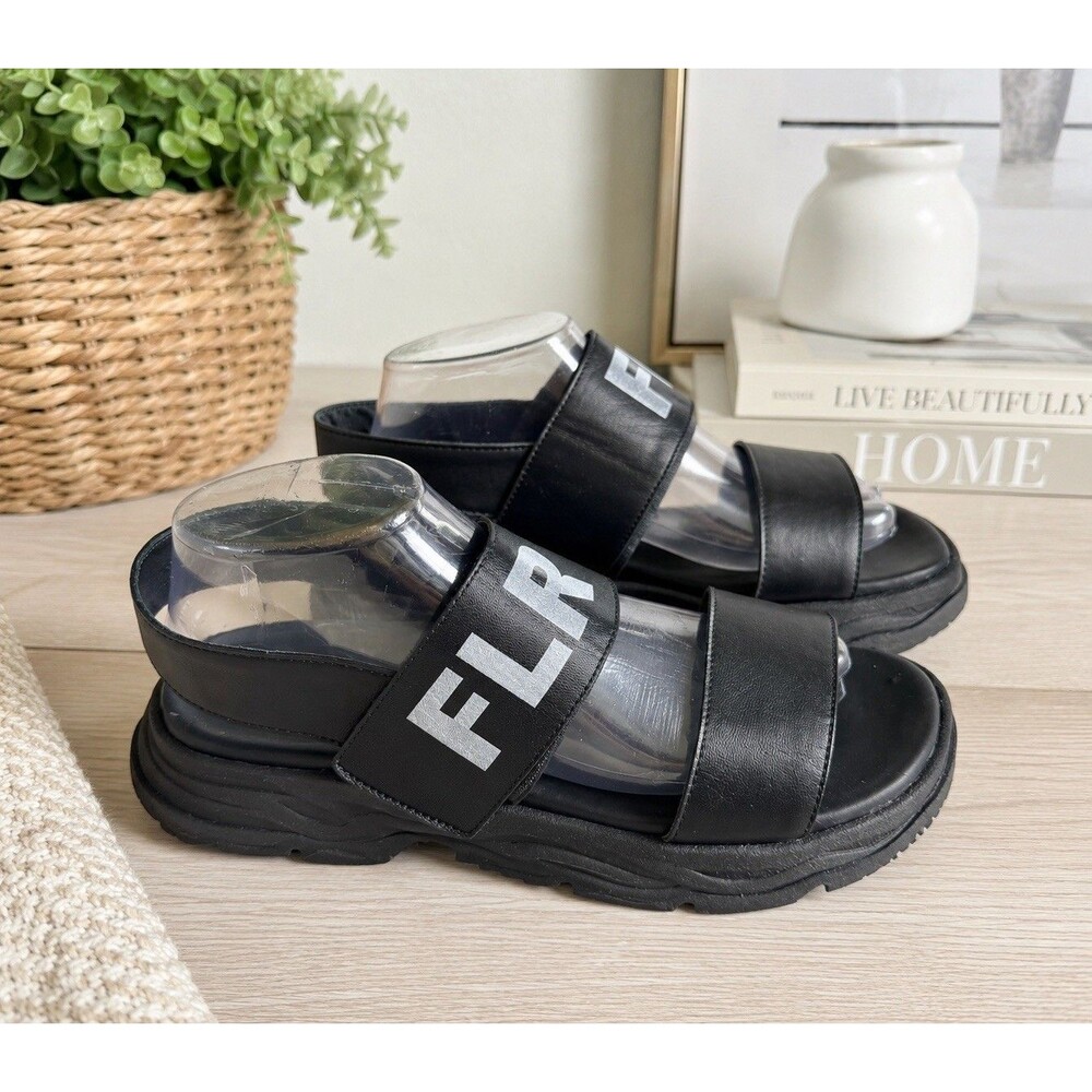 Florens Unisex Vitello Nero Black Hook & Loop Logo Sandals Size 39 US 8.5 New